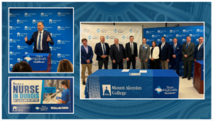 Three images. One of Senator Langerholc, one of a group of people standing, and one of a flyer that reads Become a NURSE IN DUBOIS UP TO $48,000 IN SUPPORT Classes start this fall! Mount Aloysius College Penn Highlands Healthcare MtAloy.edu/DuBois