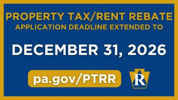 PROPERTY TAX/RENT REBATE APPLICATION DEADLINE EXTENDED TO DECEMBER 31, 2026 pa.gov/PTTR in gold and white letters over blue and gold background, with Pennsylvania Department of Revenue logo at the bottom.