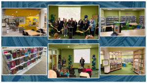 Six photos. Collage of photos from a ribbon cutting at the Cambria County Library