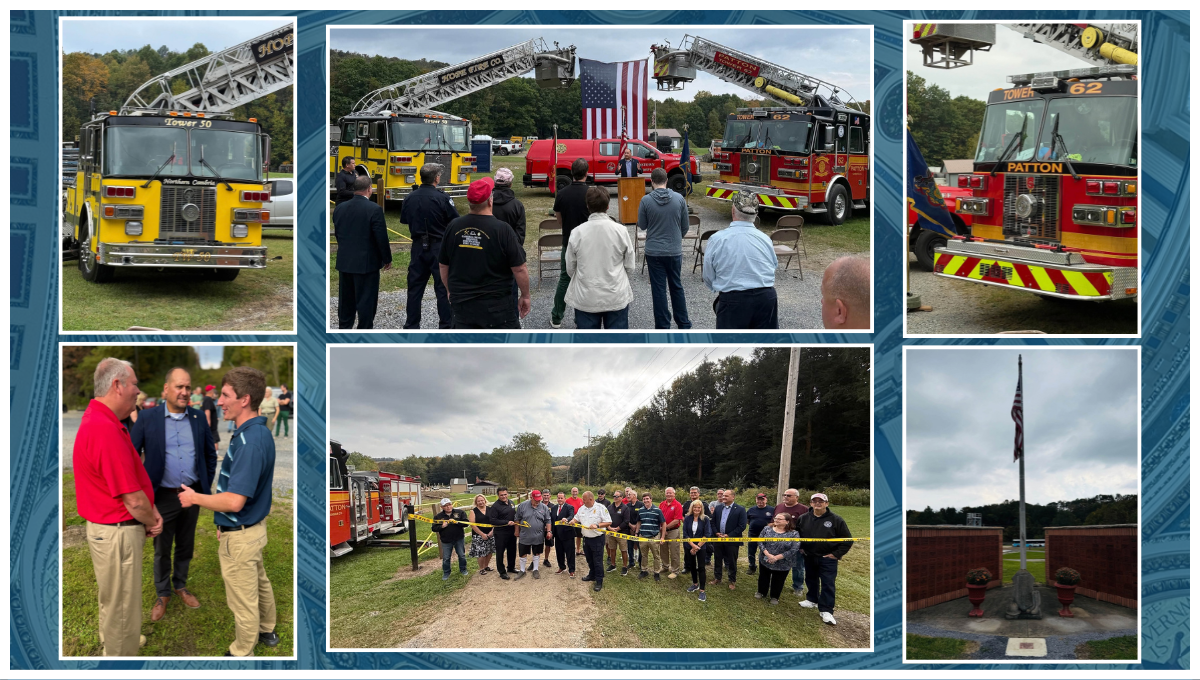 Six images. Collage of photos from the ribbon cutting.