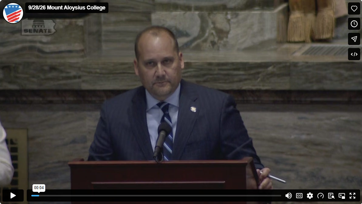 Screenshot of vimeo video on Sen. Langerholc's floor introduction of Mount Aloysius President.