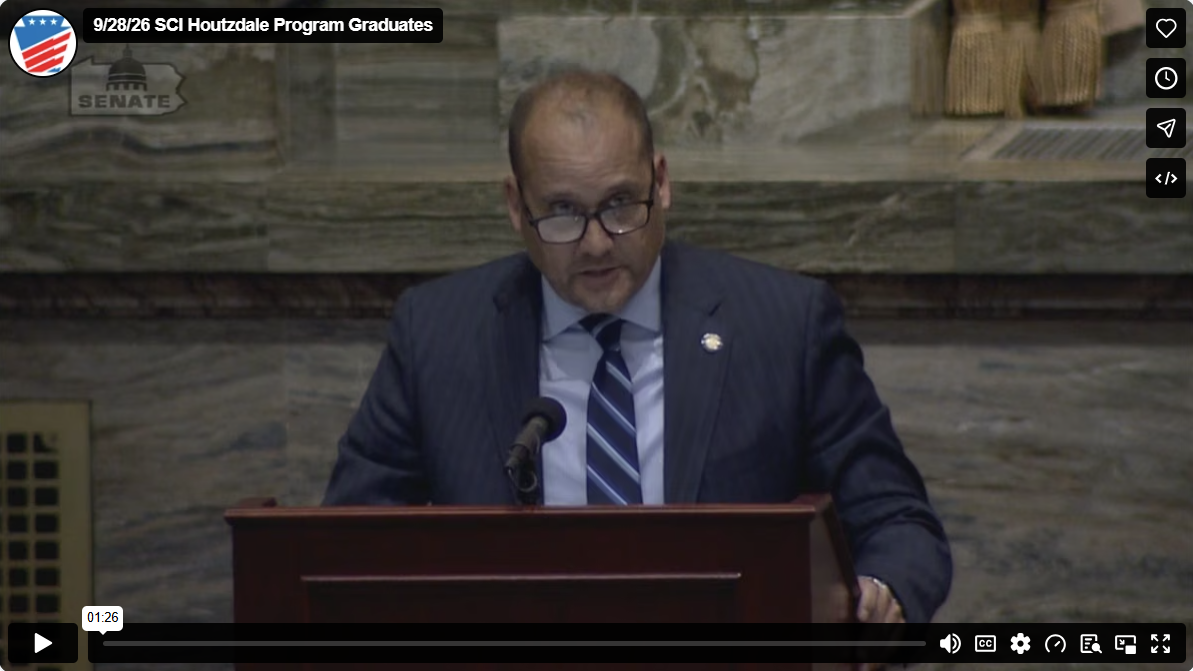 Screenshot of vimeo video on Sen. Langerholc's floor remarks on SCI Houtzdale Boot Camp Graduates.